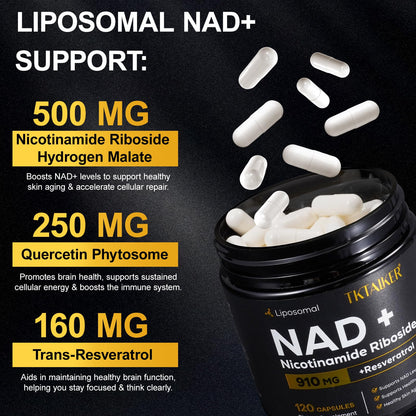 TKTALKER NAD Supplement 910mg NR with Resveratrol & Quercetin | Anti-Aging, Energy & Focus