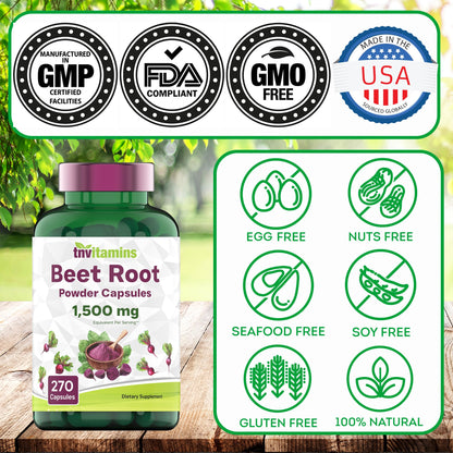 tnvitamins Beet Root Capsules 1,500 mg per Serving | 270 Capsules | Beet Root Powder Extract | Non-GMO & Gluten-Free | Made in USA