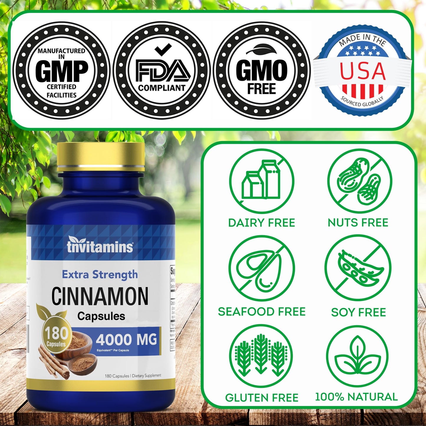 tnvitamins Cinnamon Capsules 4000 mg Equivalent – Cassia & Ceylon Blend, USA Made, 2-Pack