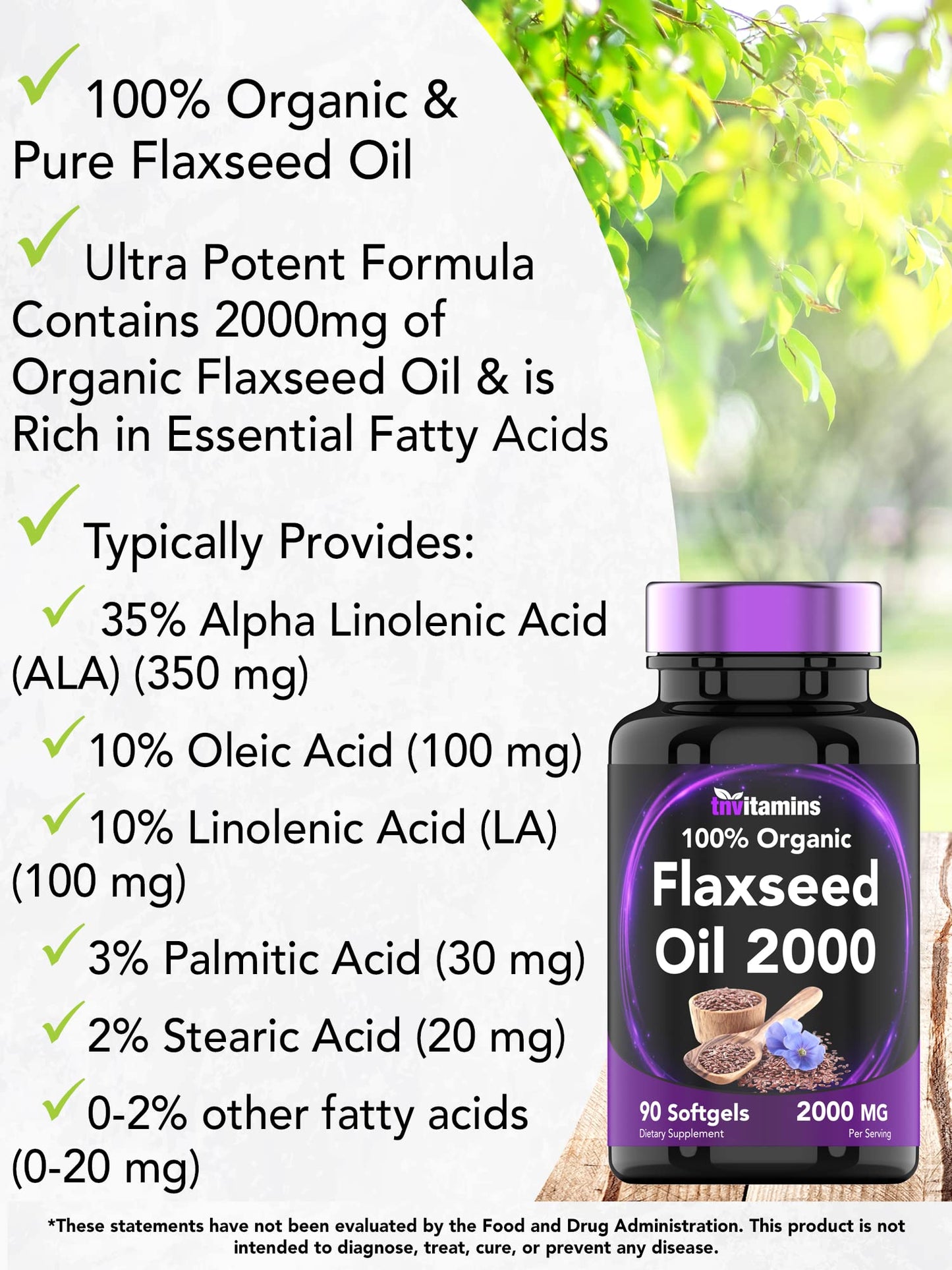 tnvitamins Organic Flaxseed Oil Softgels 2000 mg | 90 Softgels | Non-GMO