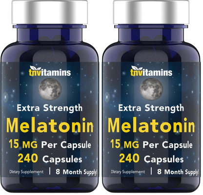 tnvitamins Melatonin 15 mg per Capsule – 240 Capsules (Pack of 2) – Extra Strength Nighttime Sleep Support