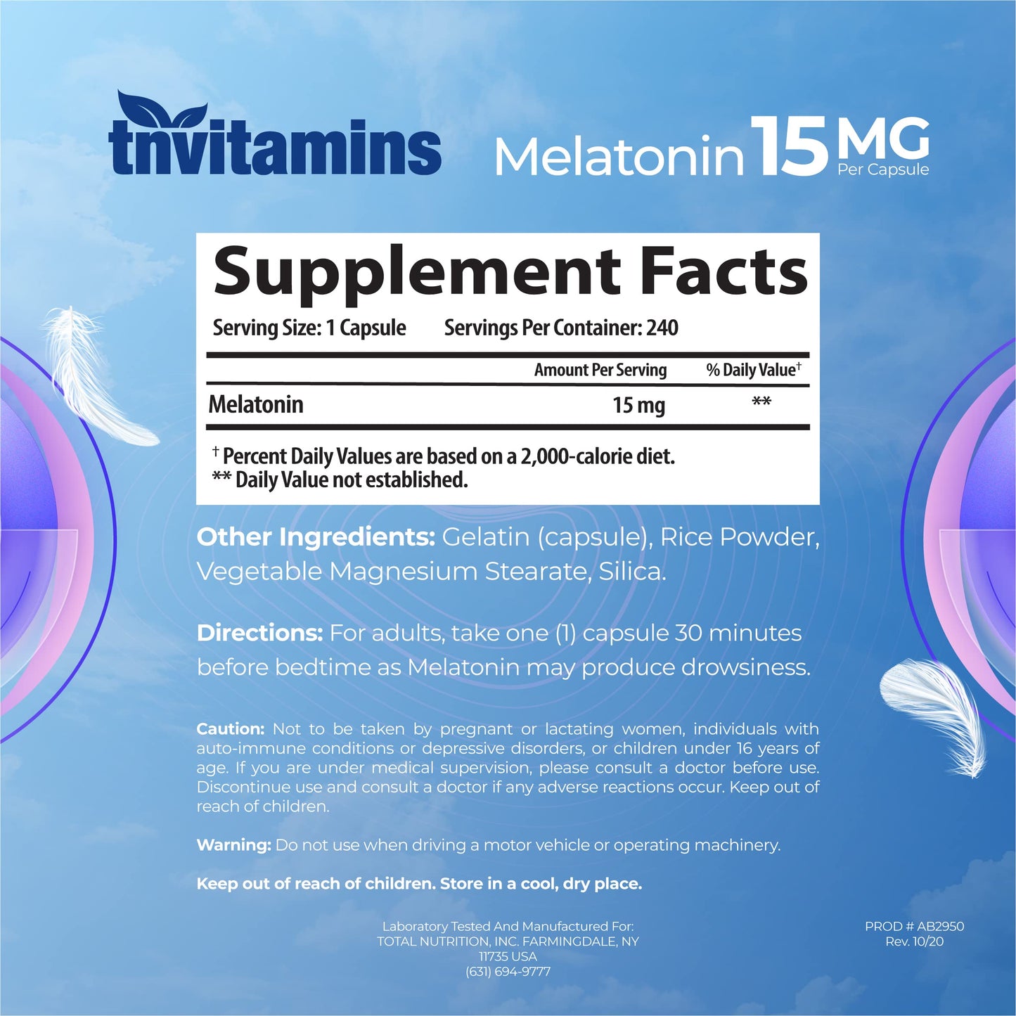 tnvitamins Melatonin 15 mg per Capsule – 240 Capsules (Pack of 2) – Extra Strength Nighttime Sleep Support