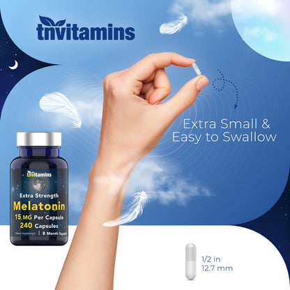 tnvitamins Melatonin 15 mg per Capsule – 240 Capsules (Pack of 2) – Extra Strength Nighttime Sleep Support