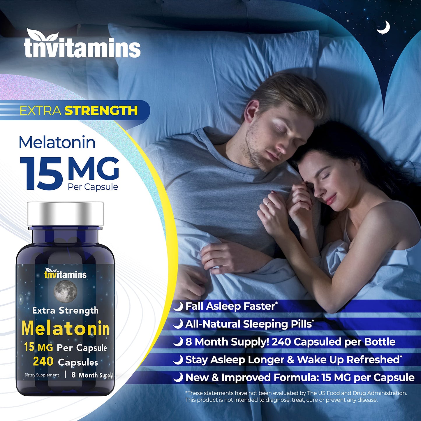 tnvitamins Melatonin 15 mg per Capsule – 240 Capsules (Pack of 2) – Extra Strength Nighttime Sleep Support