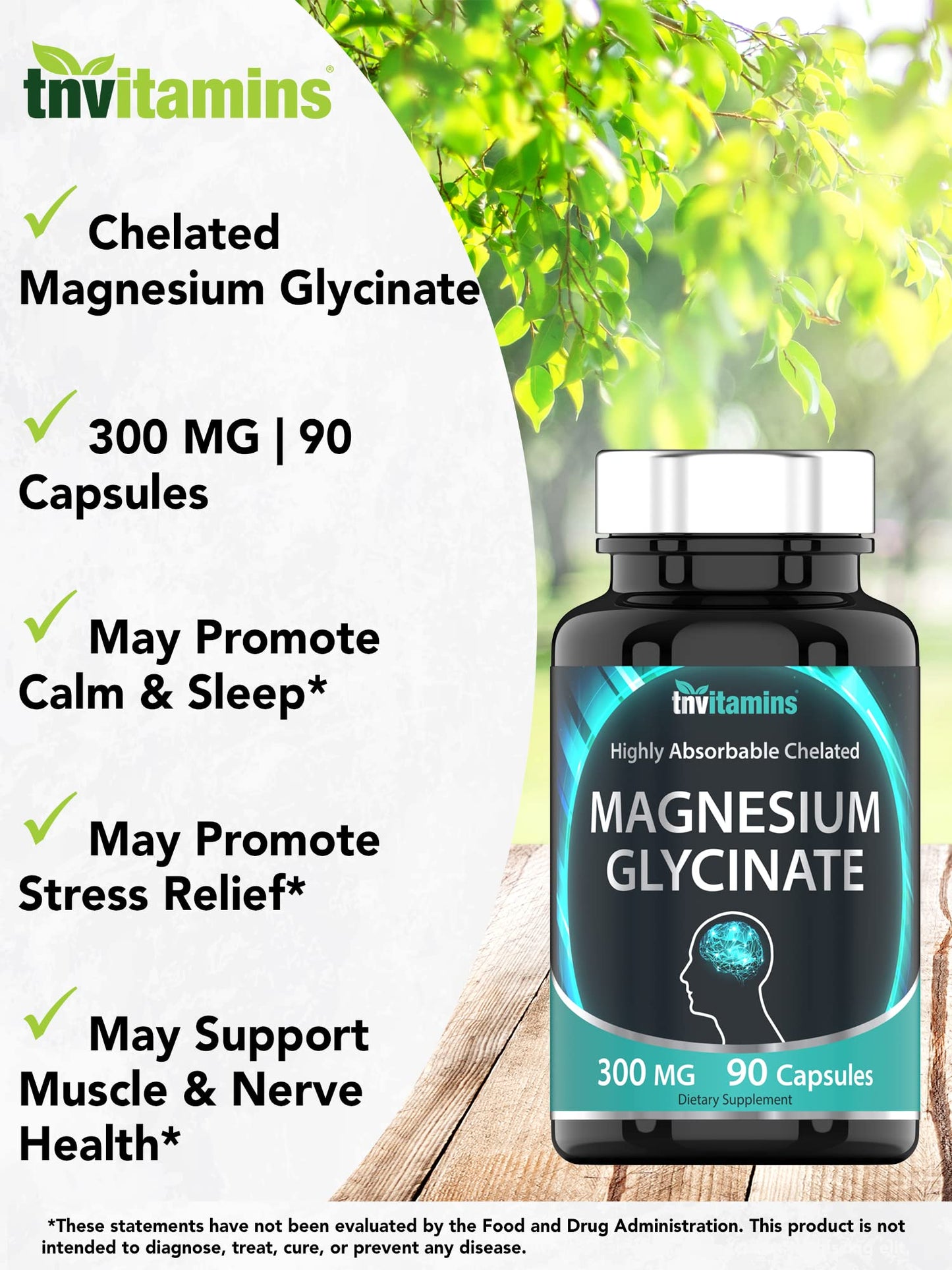 TNVitamins Magnesium Glycinate Capsules – 300 mg Magnesium, 90 Count | Chelated Magnesium Bisglycinate for Sleep & Calm