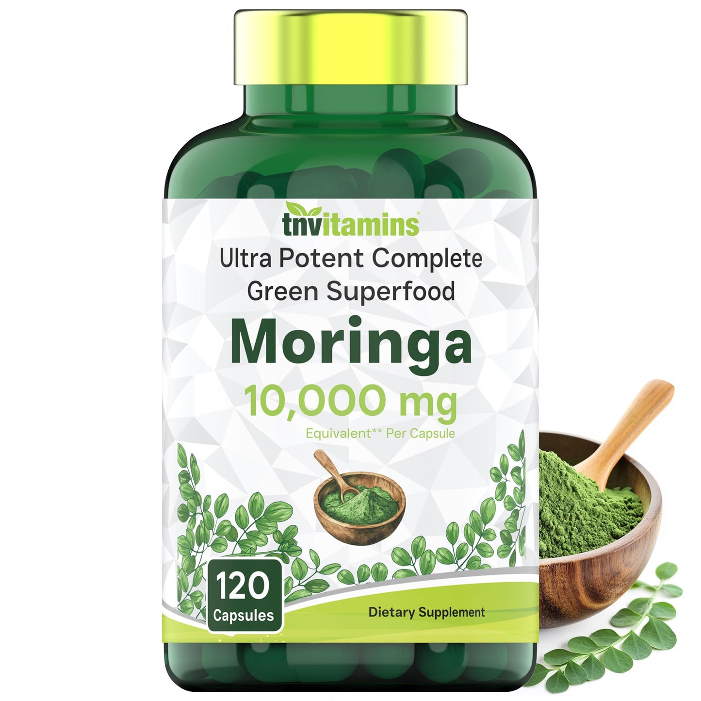 TNVitamins Moringa Capsules 10,000 mg - 120 Capsules | Pure Moringa Oleifera Leaf Powder Supplement | Non-GMO | Made in USA