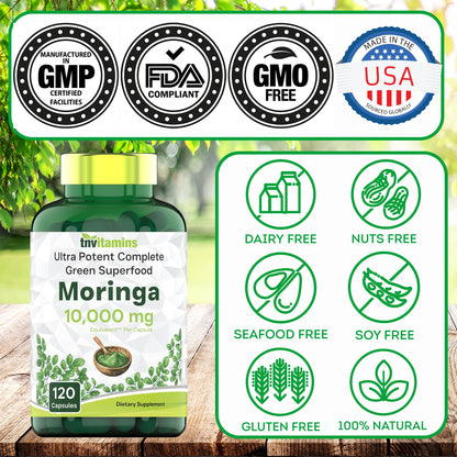 TNVitamins Moringa Capsules 10,000 mg - 120 Capsules | Pure Moringa Oleifera Leaf Powder Supplement | Non-GMO | Made in USA