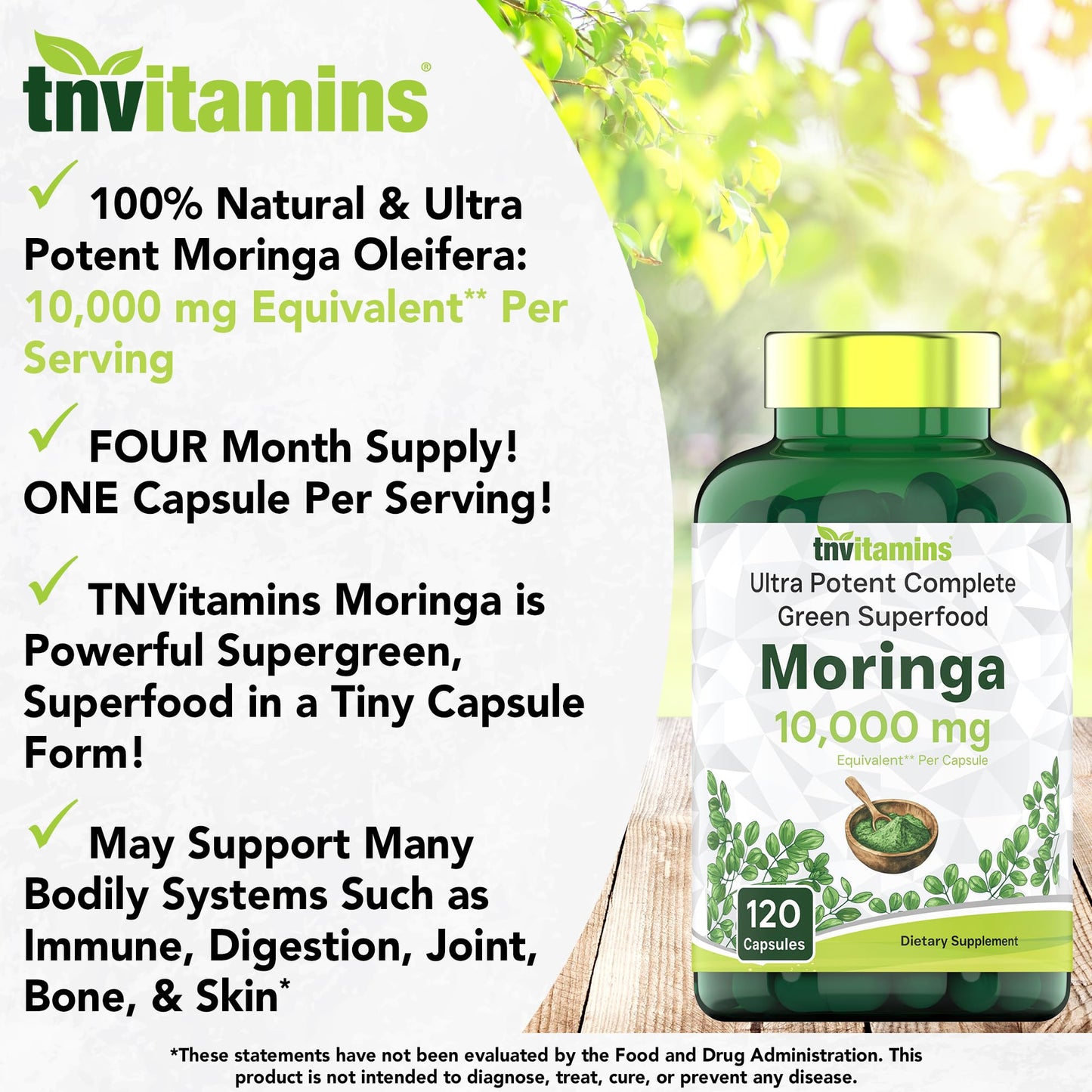 TNVitamins Moringa Capsules 10,000 mg - 120 Capsules | Pure Moringa Oleifera Leaf Powder Supplement | Non-GMO | Made in USA