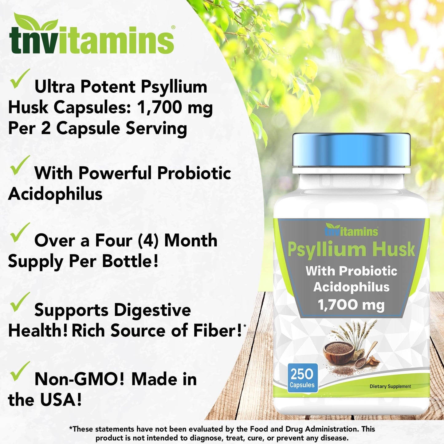 tnvitamins Psyllium Husk Capsules 1700mg | Probiotic Acidophilus | Digestive Fiber (2-Pack)