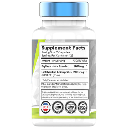 tnvitamins Psyllium Husk Capsules 1700mg | Probiotic Acidophilus | Digestive Fiber (2-Pack)