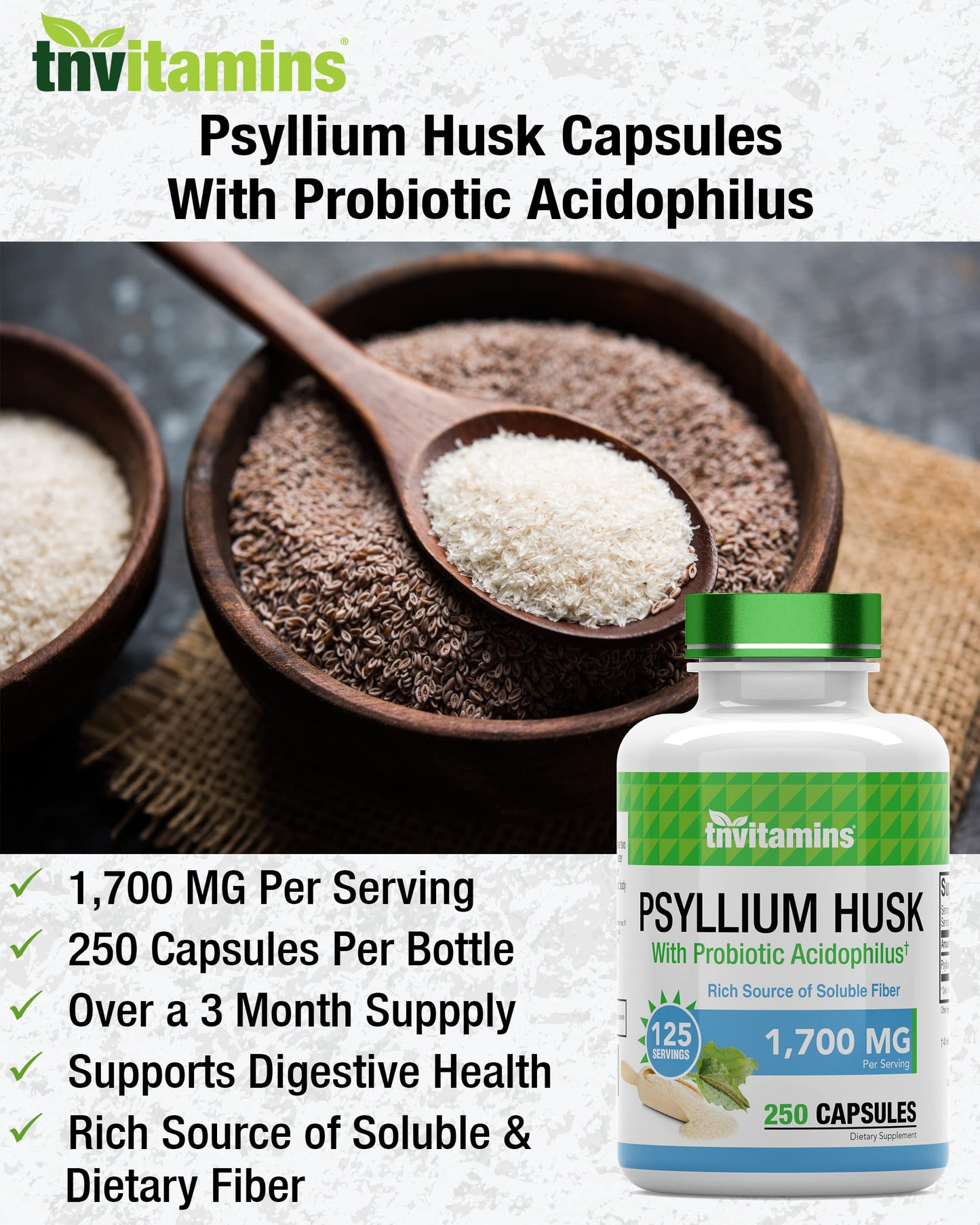 tnvitamins Psyllium Husk Capsules 1700mg | Probiotic Acidophilus | Digestive Fiber (2-Pack)