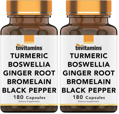tnvitamins Turmeric & Boswellia Complex (180 Capsules) – Ginger Root, Bromelain & Black Pepper | Joint-Ease Formula | USA Made (Pack of 2)