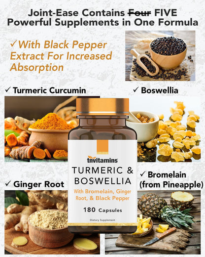 tnvitamins Turmeric & Boswellia Complex (180 Capsules) – Ginger Root, Bromelain & Black Pepper | Joint-Ease Formula | USA Made (Pack of 2)