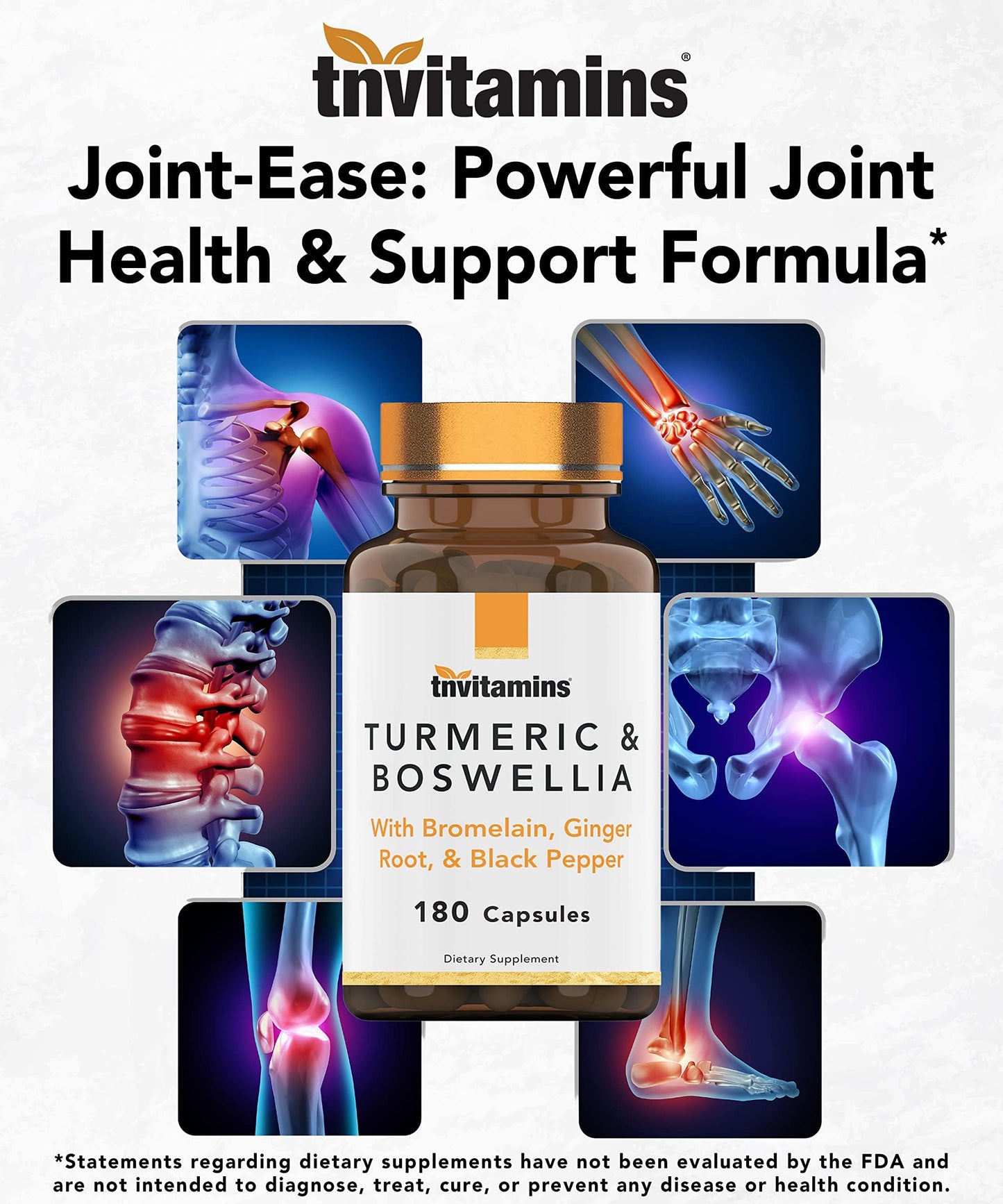 tnvitamins Turmeric & Boswellia Complex (180 Capsules) – Ginger Root, Bromelain & Black Pepper | Joint-Ease Formula | USA Made (Pack of 2)