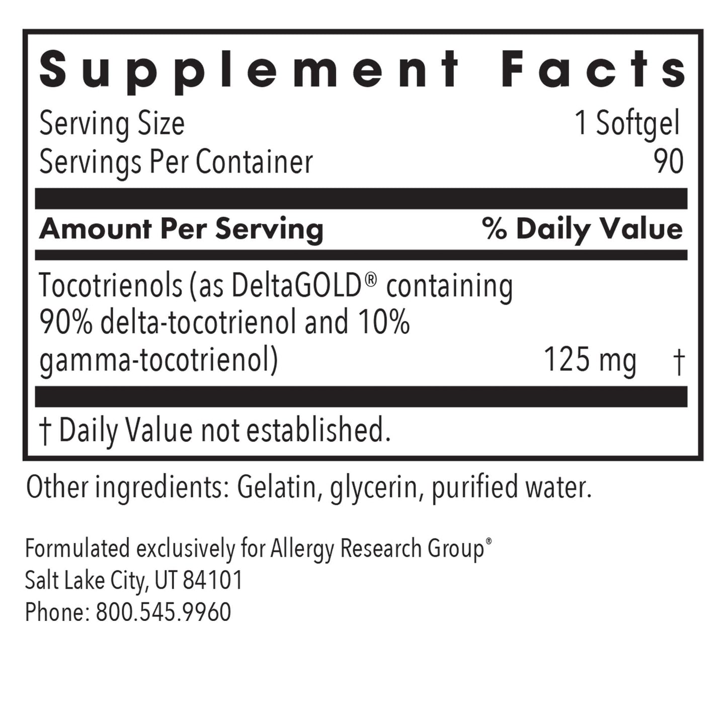 Allergy Research Group Delta-Fraction Tocotrienols – 125 mg Vitamin E, 90 Softgels