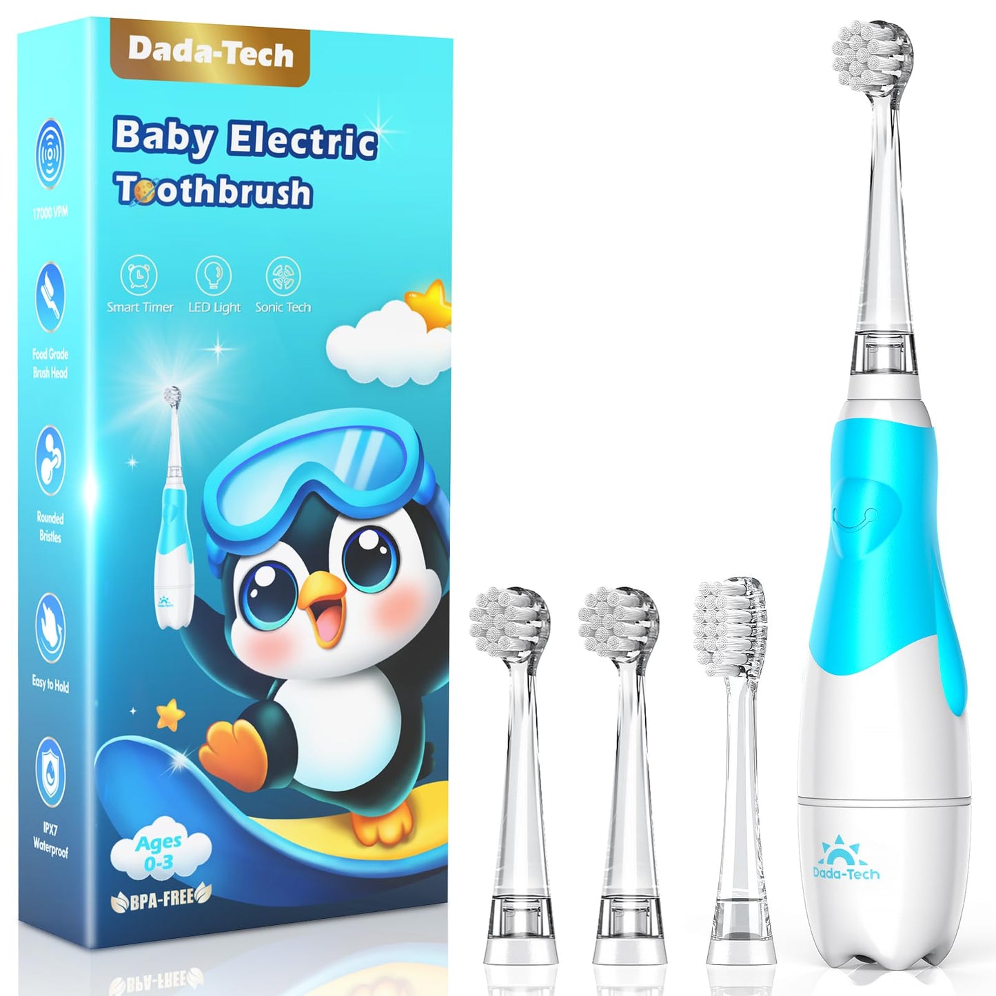 Toddler Electric Toothbrush 0-3 Years | LED Light, 2-Min Timer, 4 Heads – Blue