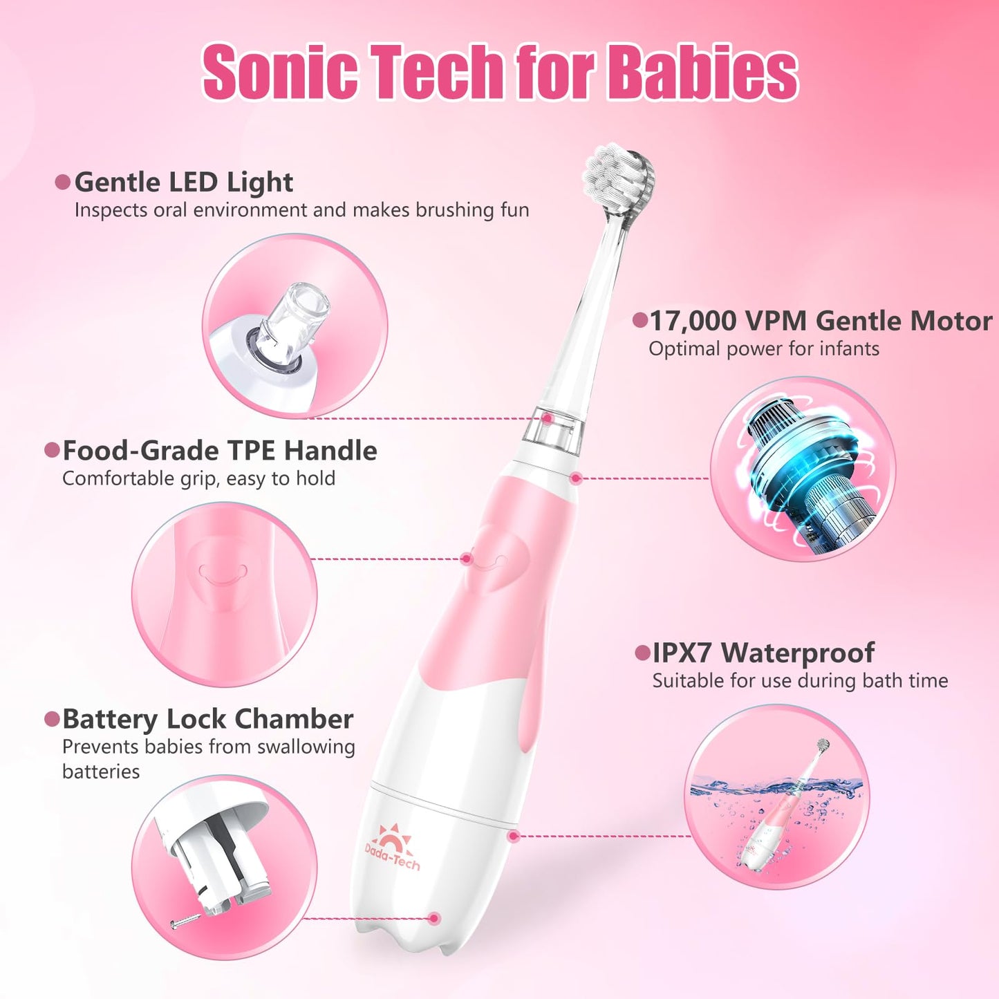 Toddler Electric Toothbrush for Kids 0-3 | LED Light, 2-Minute Timer, 4 Heads - Pink