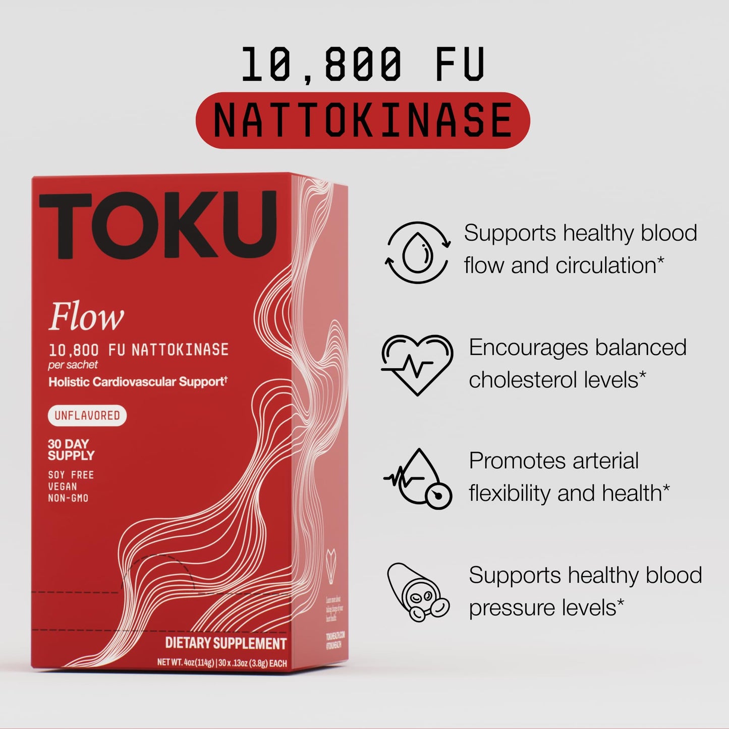 Toku Flow, Functional Daily Powder with 10,800 FU Soy-Free Nattokinase, Vitamin K2 MK7 & Oat Beta Glucan, Plant-Based Formula, Chocolate Flavor, 30 Packets