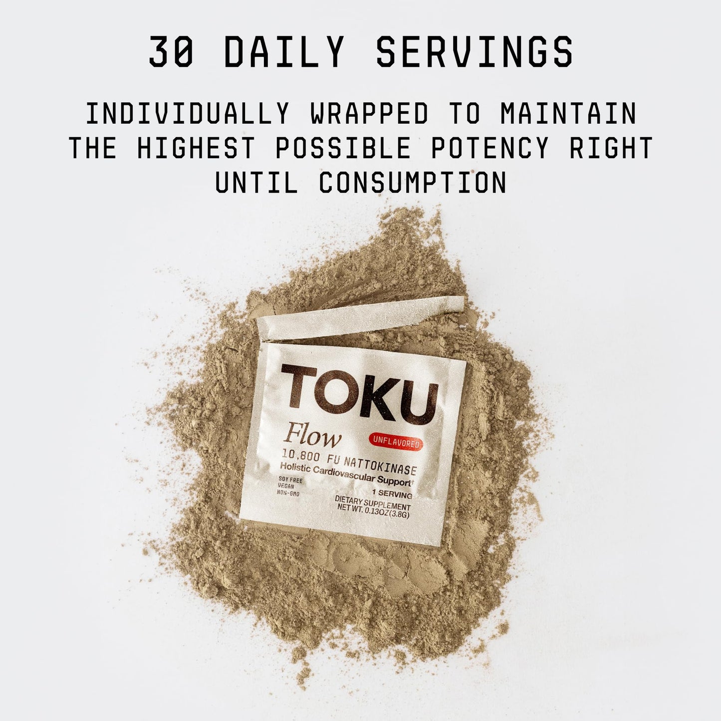 Toku Flow, Functional Daily Powder with 10,800 FU Soy-Free Nattokinase, Vitamin K2 MK7 & Oat Beta Glucan, Plant-Based Formula, Chocolate Flavor, 30 Packets