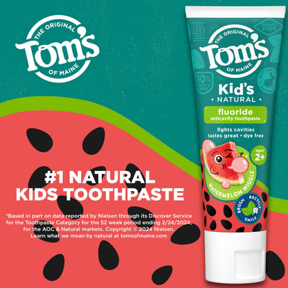 Tom's of Maine Watermelon Wiggle Kids Toothpaste with Fluoride – 3 Pack (5.1 oz) | Natural Kids Toothpaste