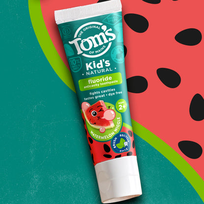 Tom's of Maine Watermelon Wiggle Kids Toothpaste with Fluoride – 3 Pack (5.1 oz) | Natural Kids Toothpaste