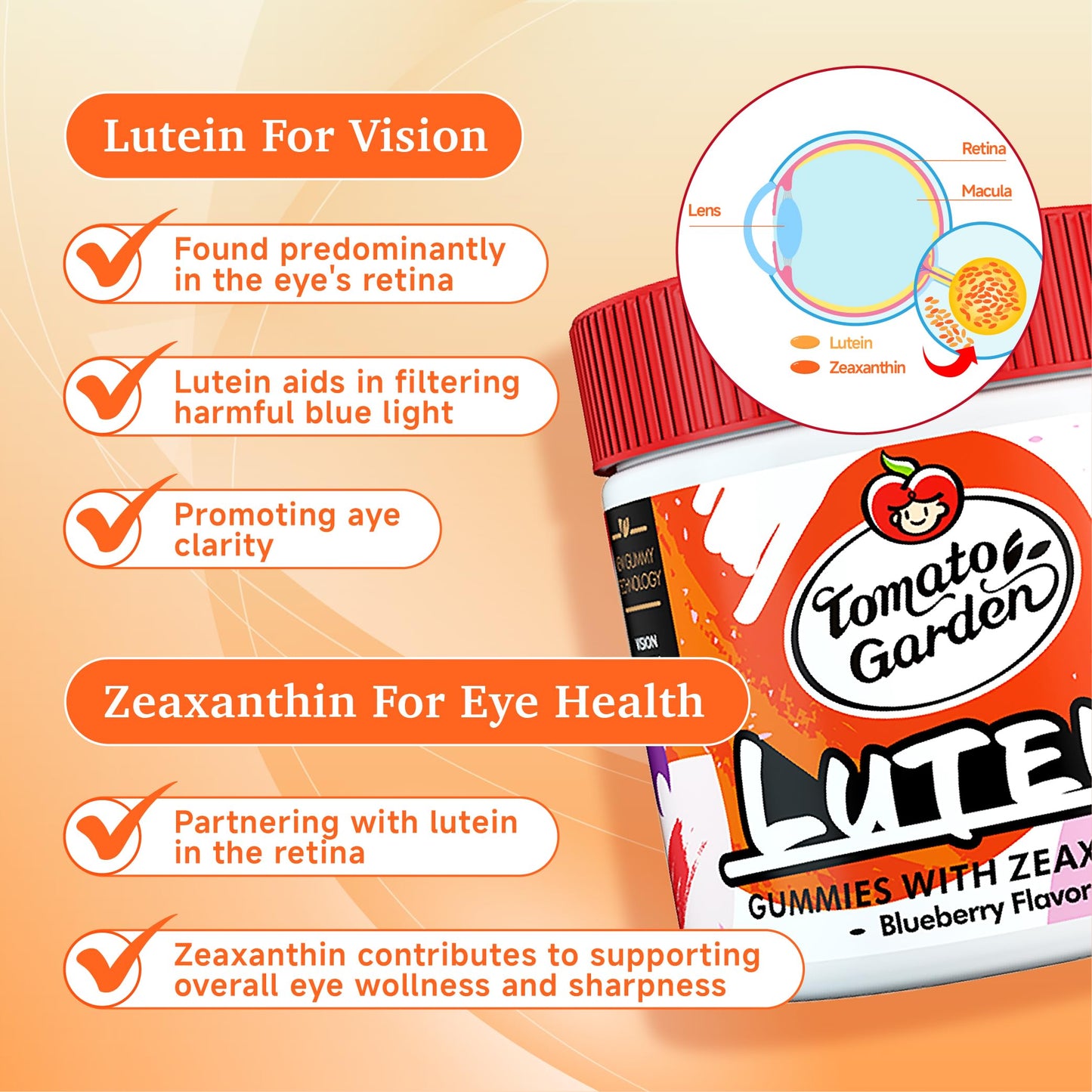 TomatoGarden Lutein Gummies – Vision Support & Blue Light Protection (30 Count)