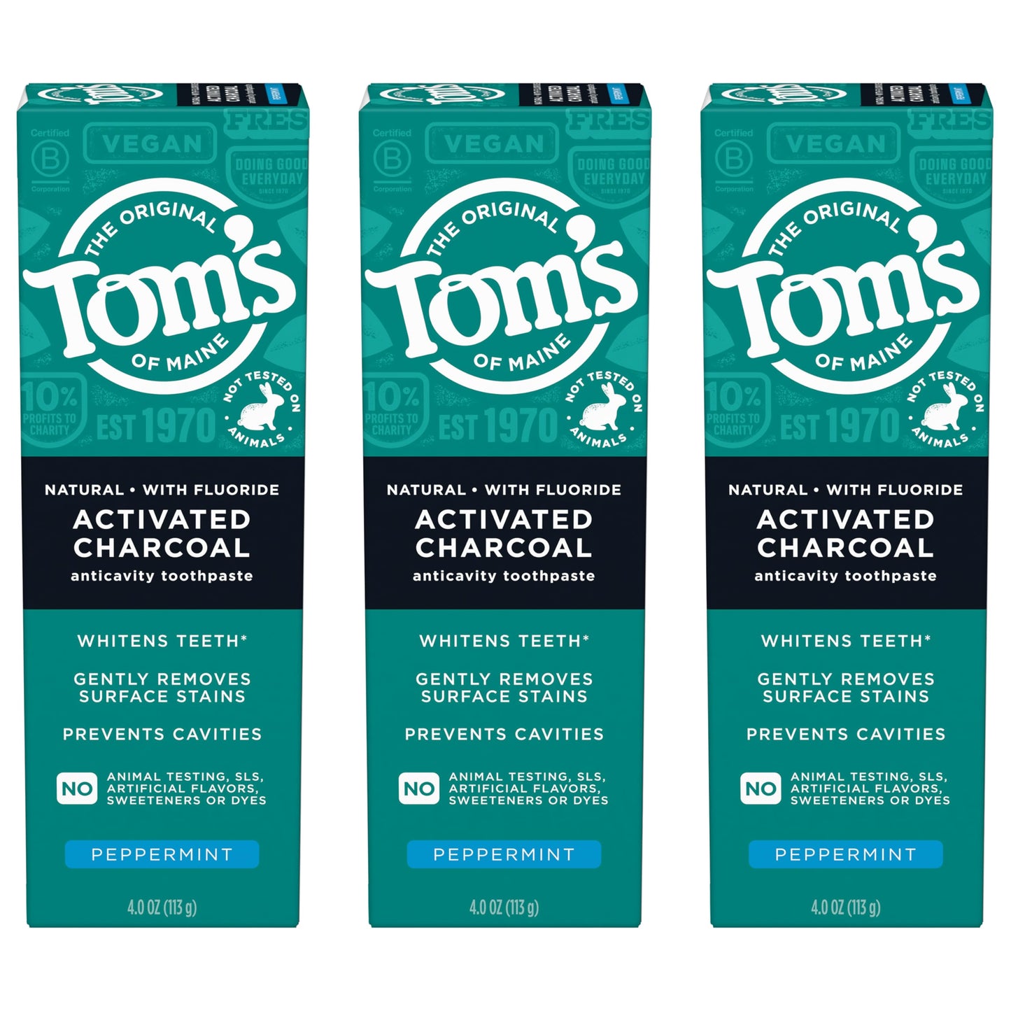 Tom’s of Maine Activated Charcoal Toothpaste with Fluoride – Peppermint, 3 Pack