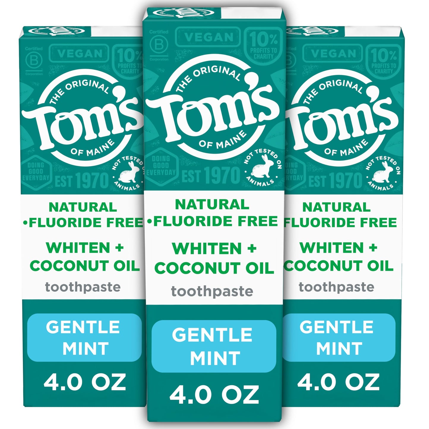 Tom’s of Maine Whiten Plus Coconut Oil Fluoride Free Toothpaste — Natural Whitening, Enamel Safe, Vegan, Gentle Mint, 4.0 Oz (Pack of 3)