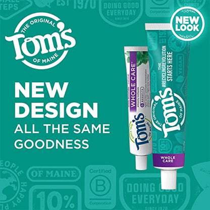Tom's of Maine Whole Care Natural Fluoride Toothpaste – Peppermint, 4 oz, 3-Pack (Packaging May Vary)