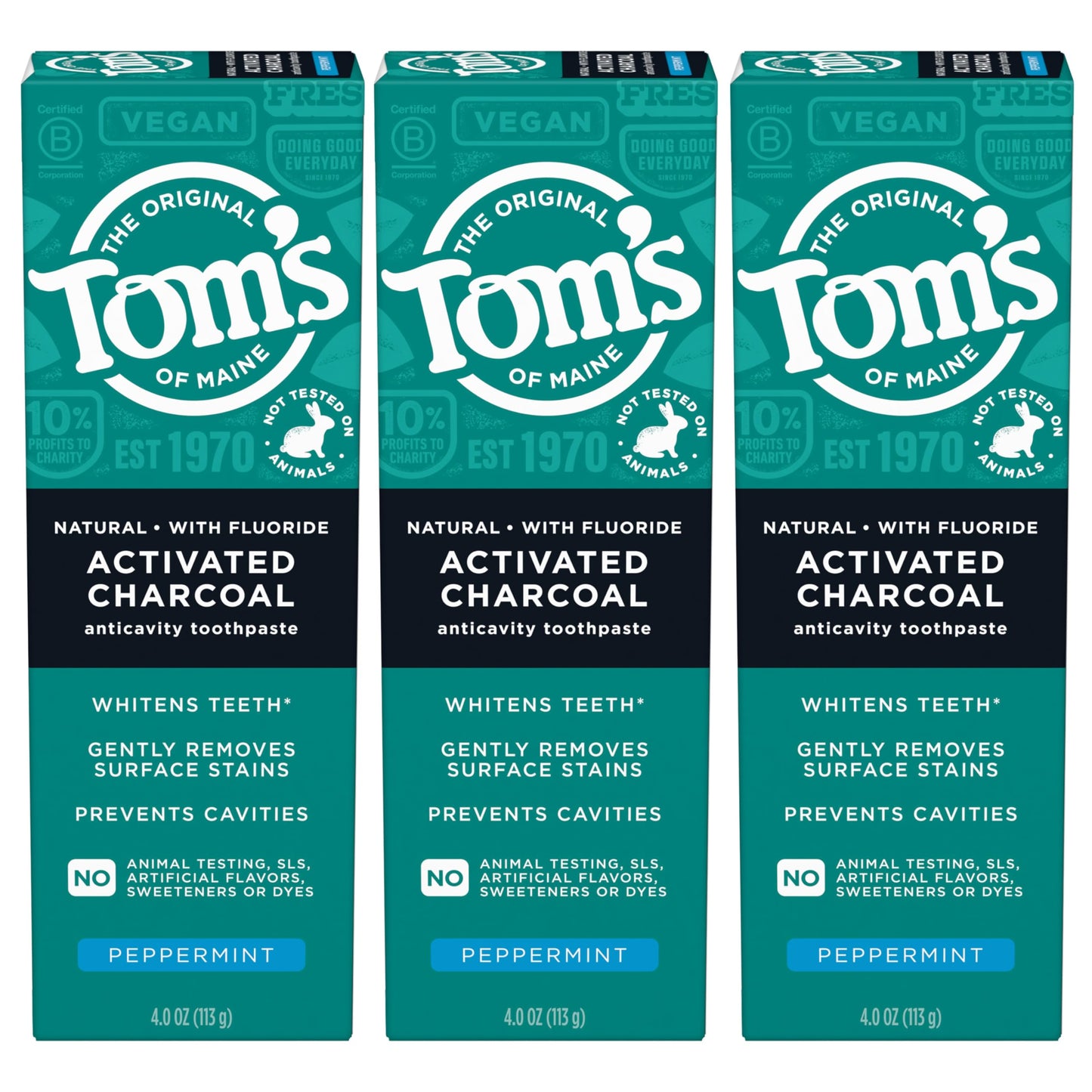 Tom's of Maine Activated Charcoal Toothpaste with Fluoride – Peppermint, 4.7 oz, 3-Pack