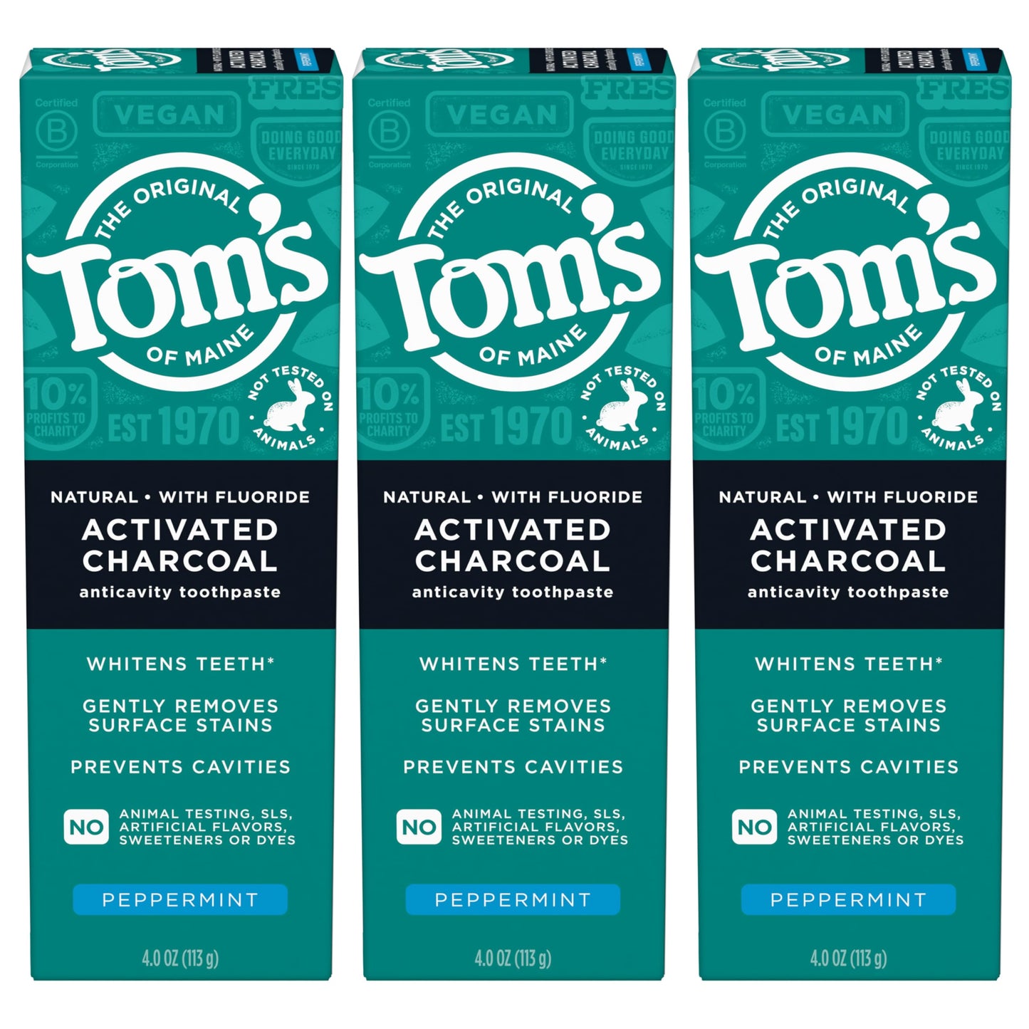 Tom's of Maine Activated Charcoal Toothpaste with Fluoride – Peppermint, 4.7 oz, 3-Pack