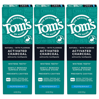 Tom's of Maine Activated Charcoal Toothpaste with Fluoride – Peppermint, 4.7 oz, 3-Pack