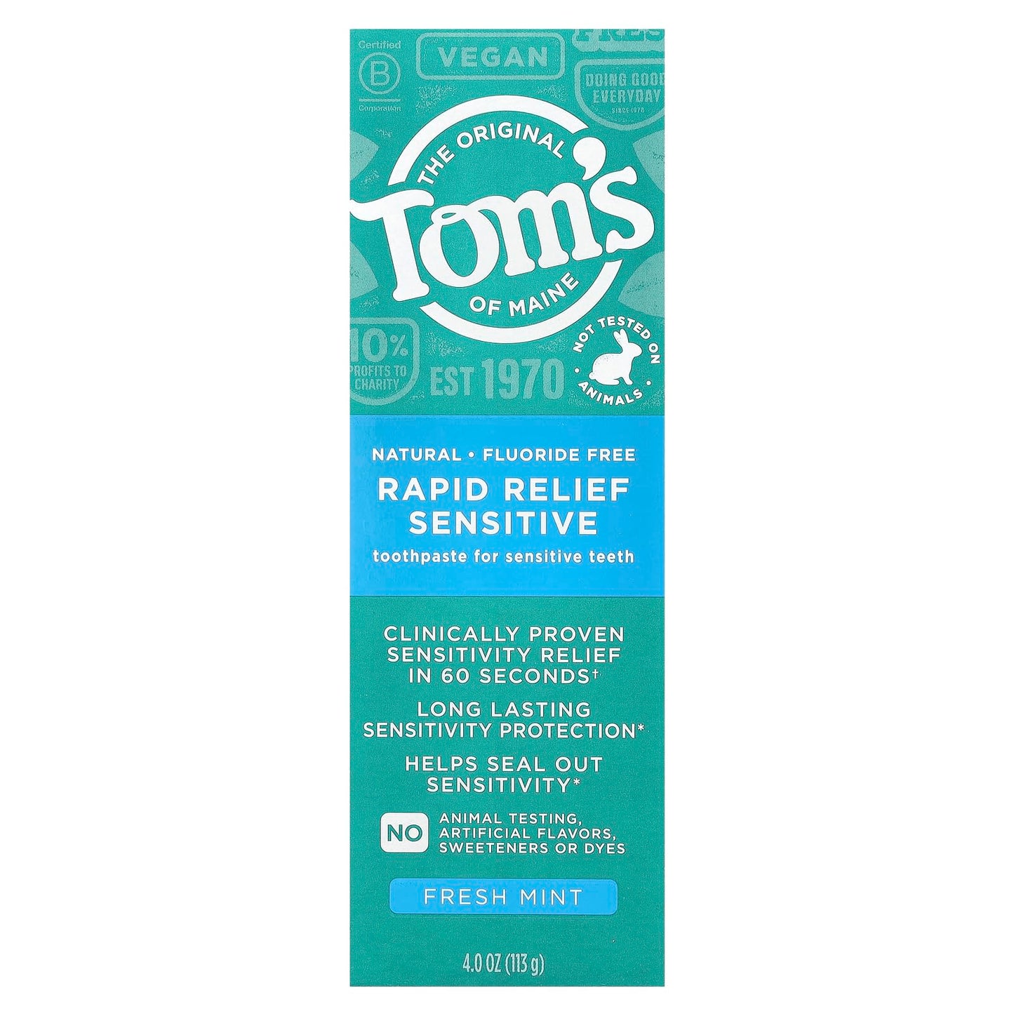 Tom's of Maine Natural Rapid Relief Sensitive Fluoride Free Toothpaste - Fresh Mint, 4 oz