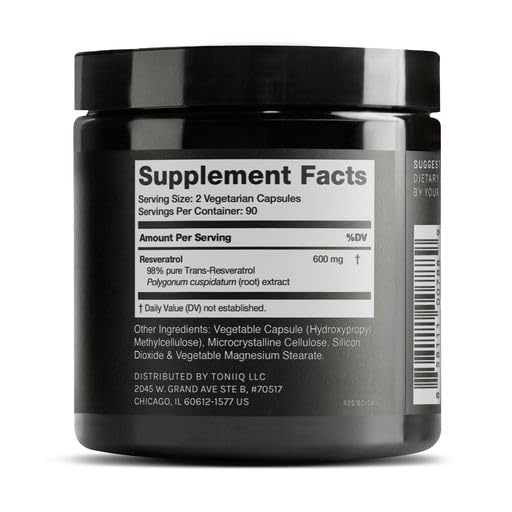 Toniiq Ultra High Purity Resveratrol Capsules - 98% Trans-Resveratrol | 180 Caps