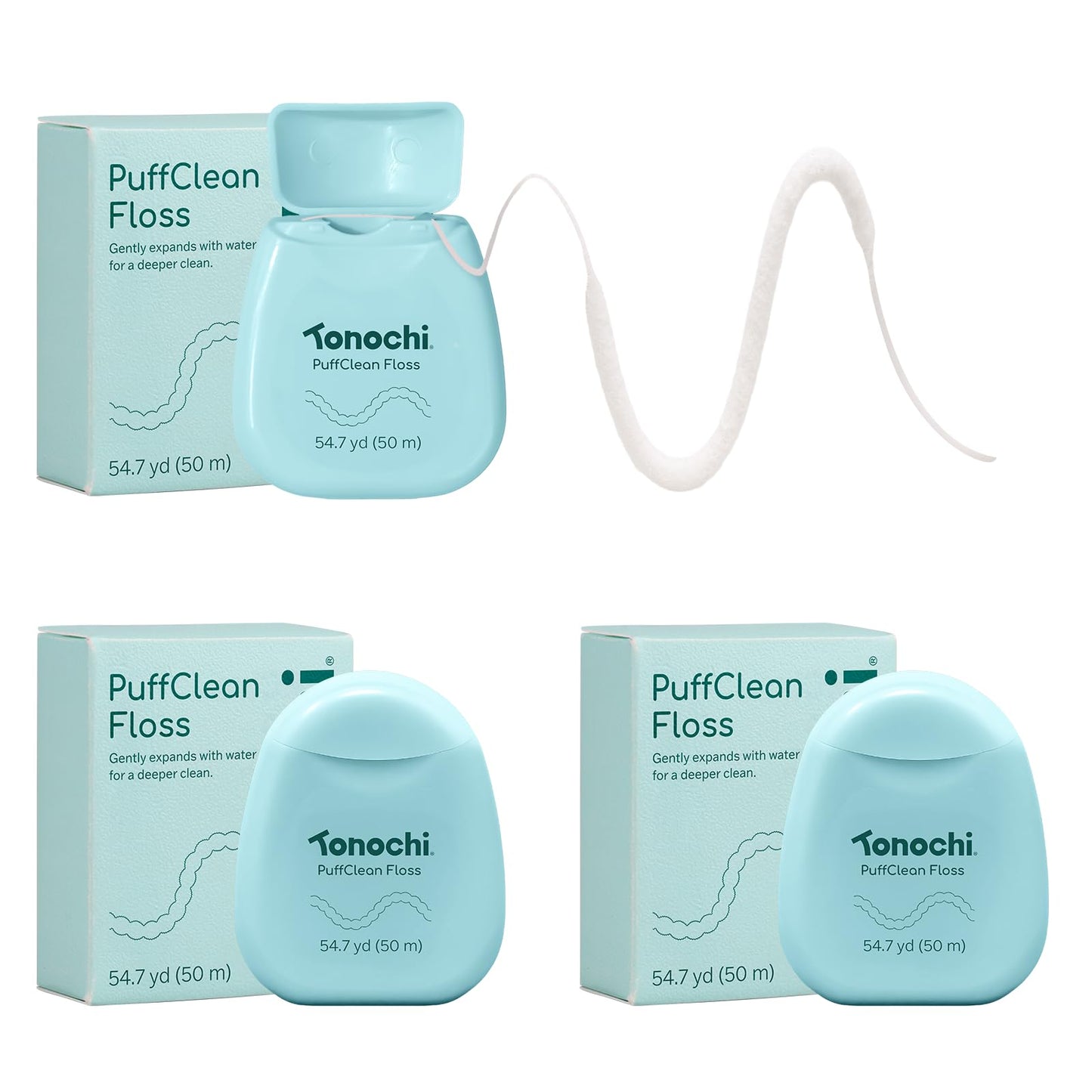 Tonochi PuffClean Expanding Dental Floss — Beeswax Coating, Mint + Xylitol, 3-Pack (55 yd each)