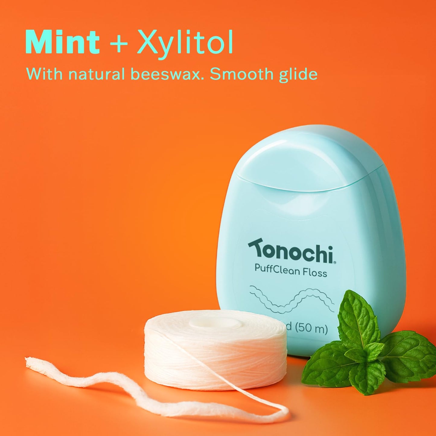 Tonochi PuffClean Expanding Dental Floss — Beeswax Coating, Mint + Xylitol, 3-Pack (55 yd each)