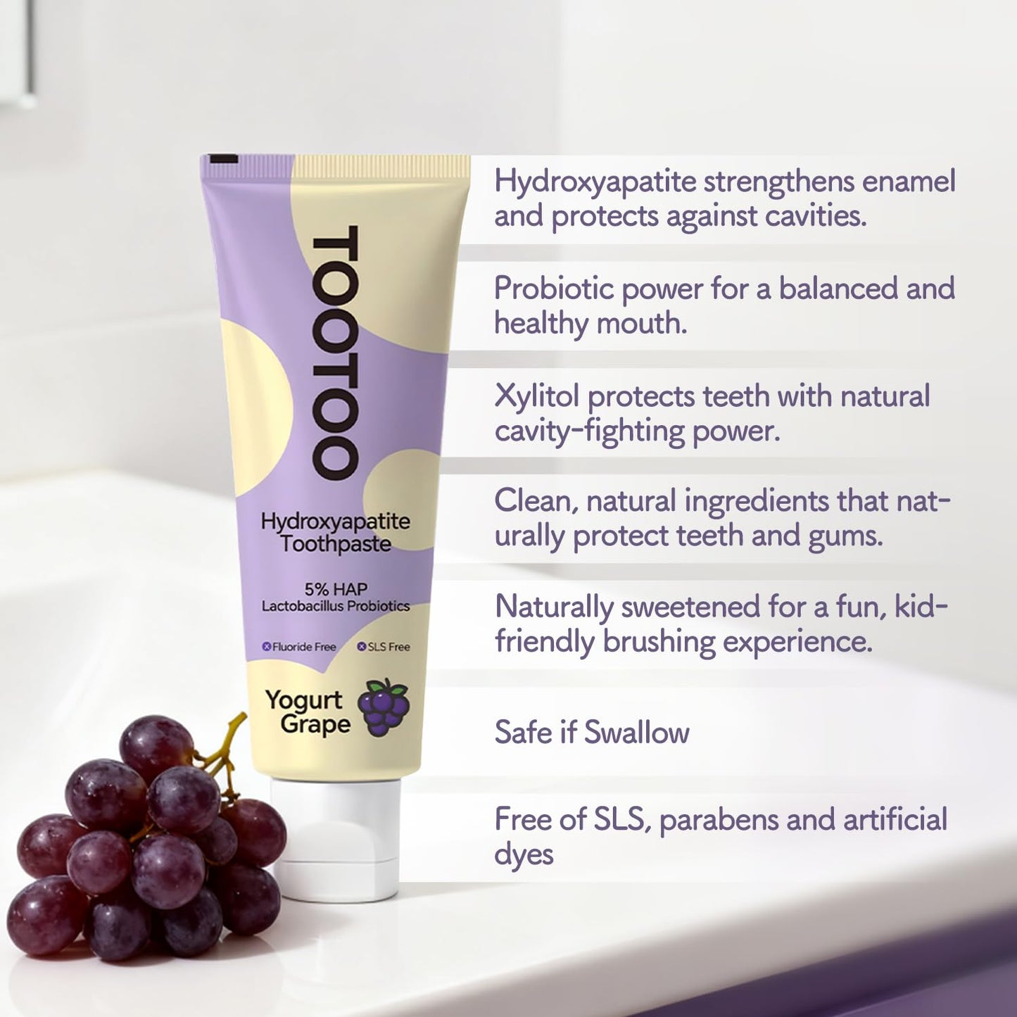 TooToo Fluoride Free Kids Toothpaste with Hydroxyapatite, Probiotics & Xylitol - Safe to Swallow, All Natural 4.2 oz