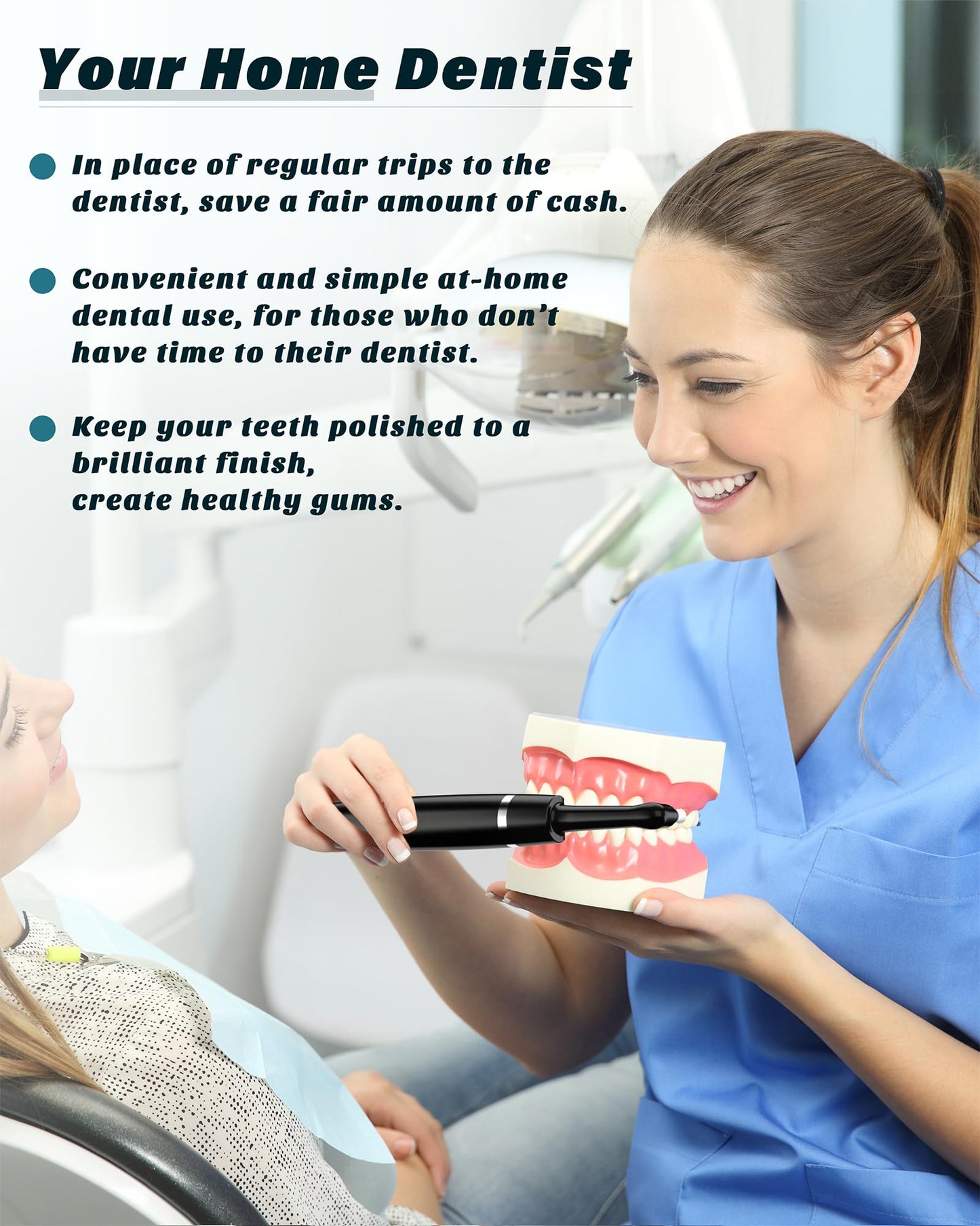 Tooth Polisher Rechargeable Whitening Kit - 3 Pastes, 5 Heads, LED Light (Black)
