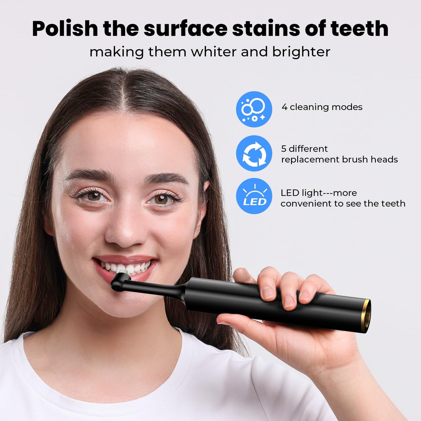 Tooth Polisher & Whitening Kit – 5 Brush Heads, LED Light, 4 Speed Modes, IPX6 Waterproof | Handsel 3 Polishing Pastes