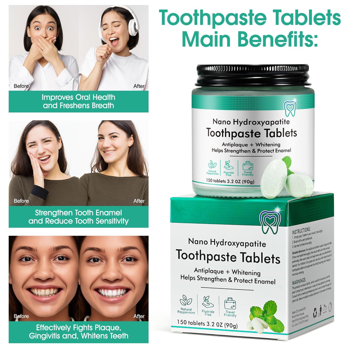 Nano Hydroxyapatite Toothpaste Tablets 150pcs – Fluoride Free, Whitening