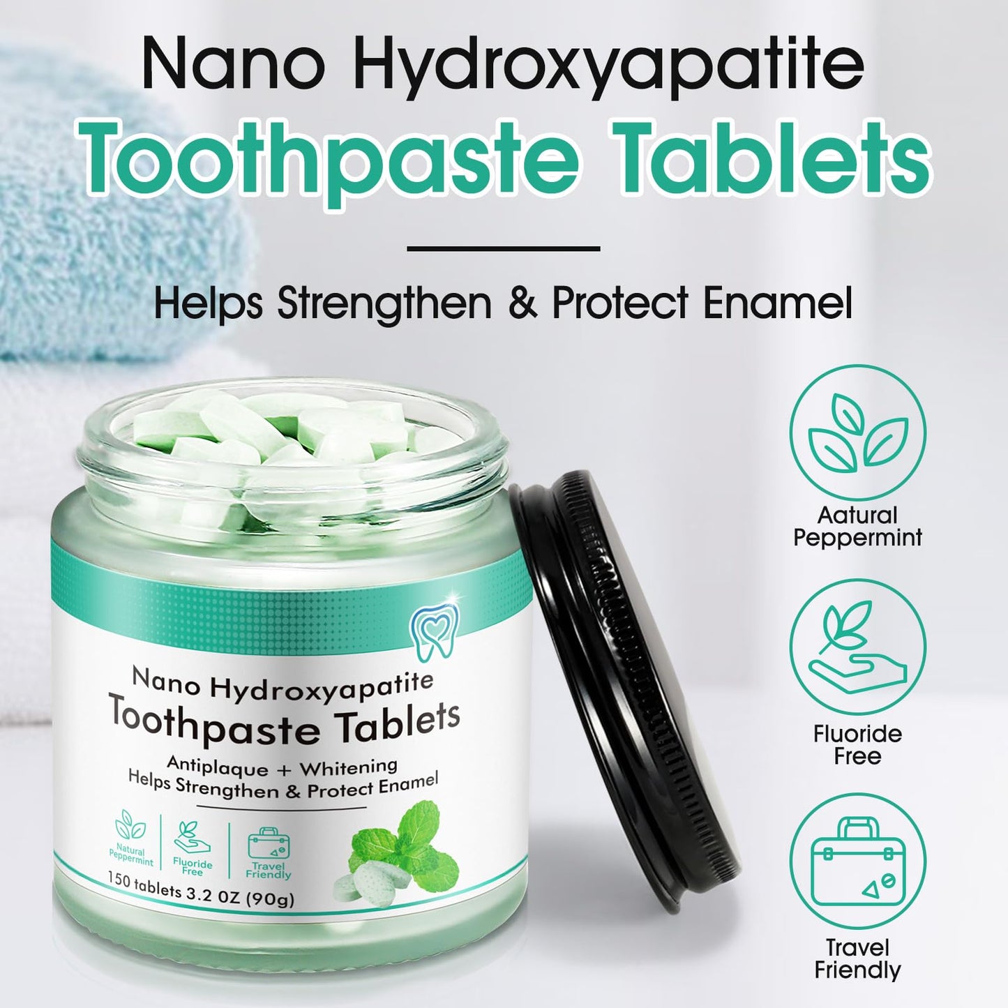 Toothpaste Tabs 150pcs - Nano Hydroxyapatite, Fluoride Free, Peppermint, Eco & Travel Friendly