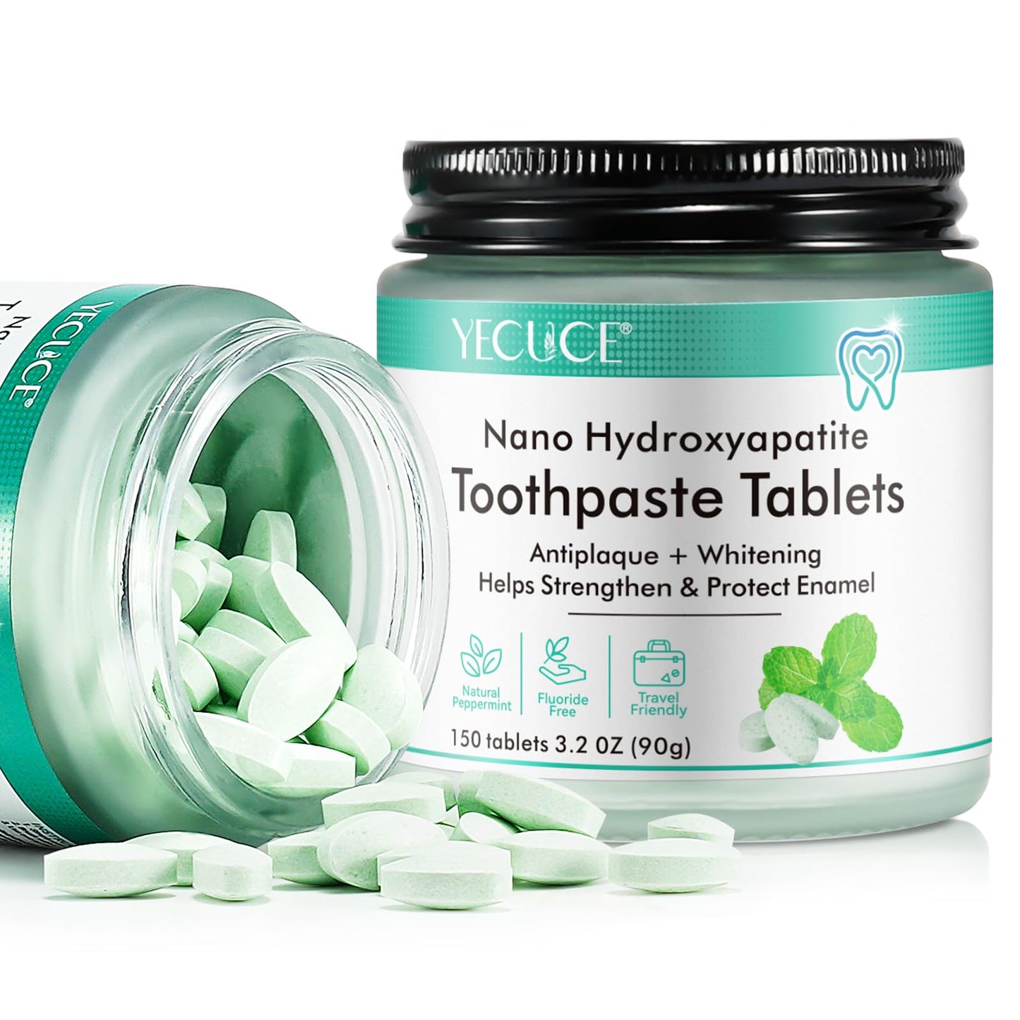Nano Hydroxyapatite Toothpaste Tablets - Fluoride-Free Whitening, Peppermint