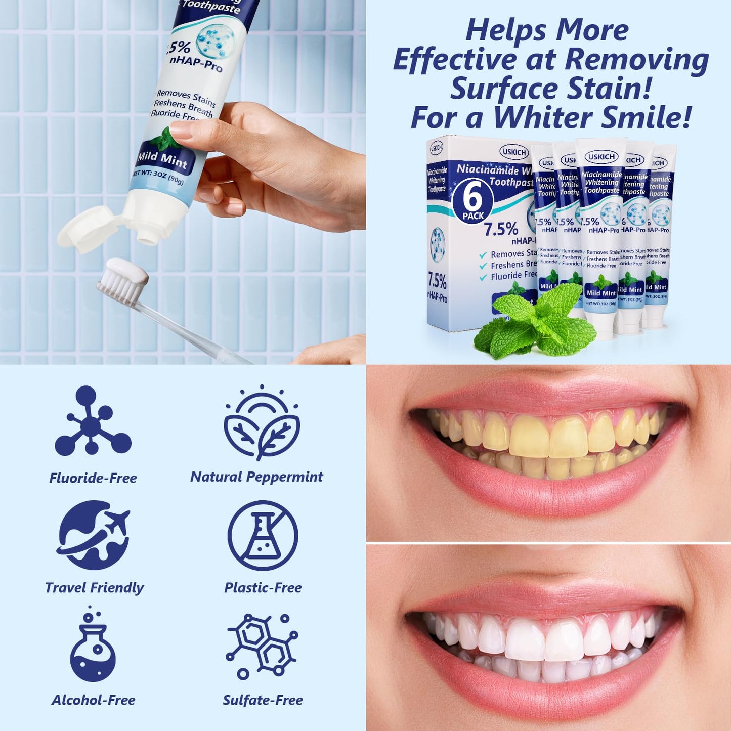 7.5% Nano Hydroxyapatite Toothpaste – Fluoride-Free Whitening & Sensitivity Relief (6 Pack)
