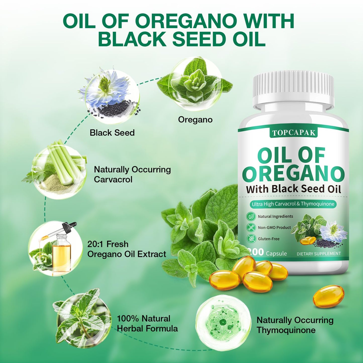 TOPCAPAK Oil of Oregano & Black Seed Oil — 2-in-1 Immune Support, 400 Softgels