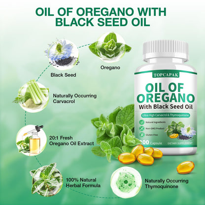 TOPCAPAK Oil of Oregano with Black Seed Oil 2-in-1 Softgels | Immune Support, Carvacrol & Thymoquinone, 200-Count