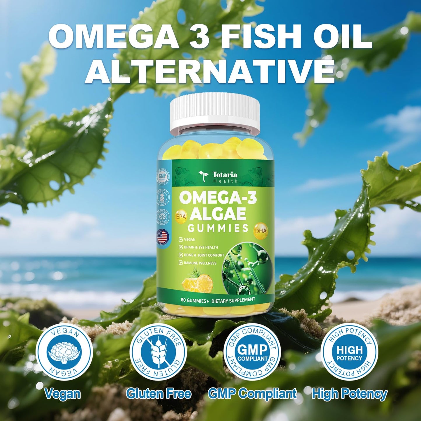 10-in-1 Vegan Omega-3 Gummies – DHA 600mg, EPA 400mg, 60 Count