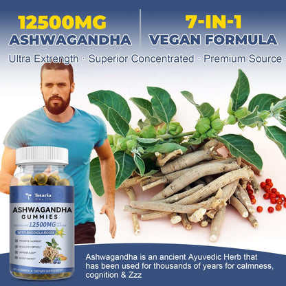 Totaria Sugar Free Ashwagandha Gummies 2500mg | Vitamin D3, Magnesium Glycinate, Rhodiola – Blueberry