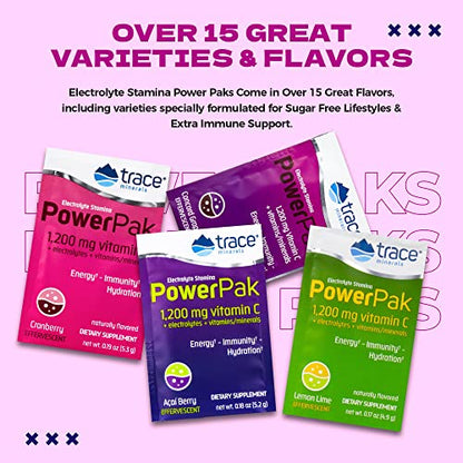 Trace Minerals Power Pak Multivitamin & Multimineral Packets – Acai Berry Flavor, Electrolyte Support, 1200 mg Vitamin C, 70+ Minerals, 90 Packets