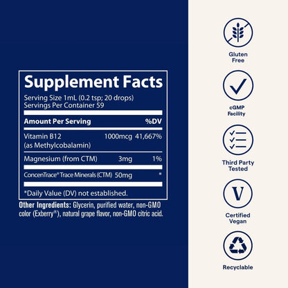 Trace Minerals Liquid Ionic B12 1000 mcg | Pack of 2 (2 fl oz each) | Full Spectrum Ionic Minerals