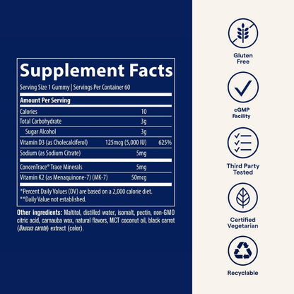 Trace Minerals Vitamin D3 + K2 Gummies | 5,000 IU D3 + 50 mcg K2 | Vegan, Sugar Free, Gluten Free | 60 Servings (Pack of 2)